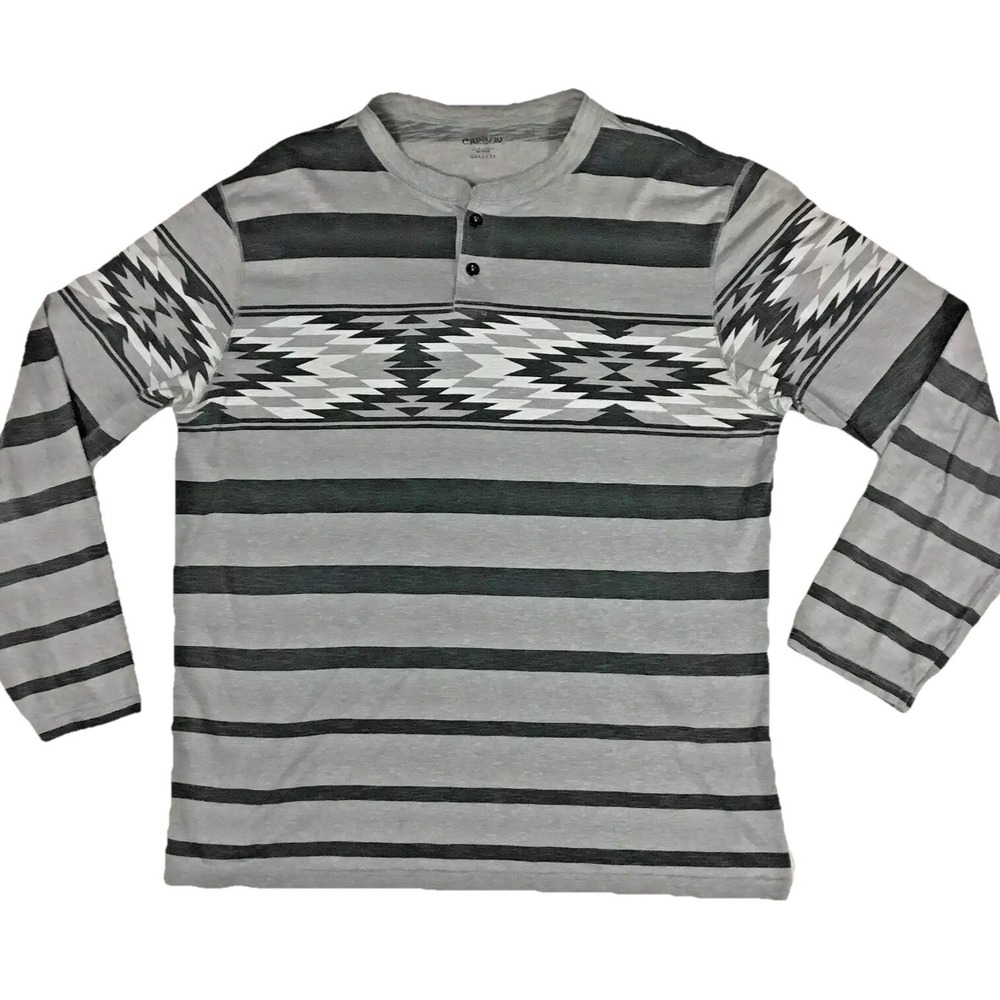 Carbon Mens XXL Slim Henley Shirt Gray Black Striped Aztec Southwestern Long Slv